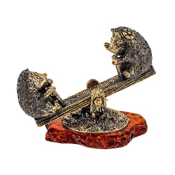 Сувенир Ежики на качели, бронза, янтарь