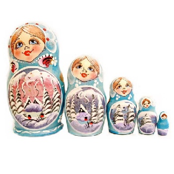 Матрешка Пейзаж (голубая), 5 мест, 14 см