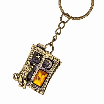 Брелок кот в окошке с янтарем, бронза, янтарь