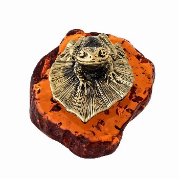 Сувенир Лягушка на листике, бронза, янтарь 