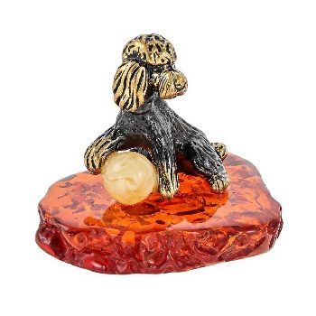 Сувенир Собака Пудель с мячиком, бронза, янтарь 